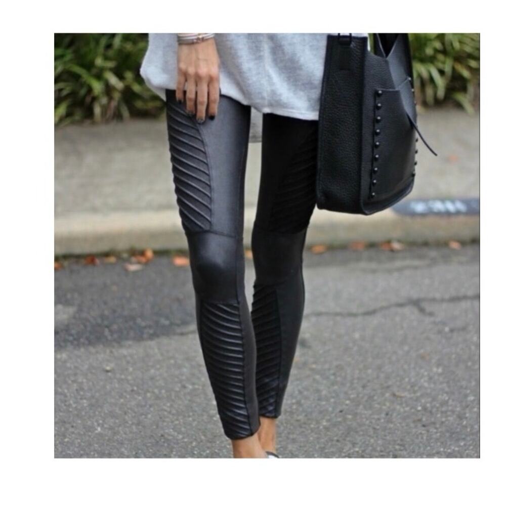 SPANX Moto Faux Leather Black Leggings Size LP